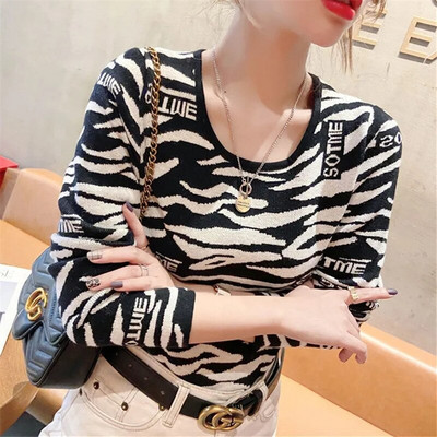 Džemperis Sieviešu Pulovers Pavasara Rudens Leoparda apdrukas burti Bruņurupucis ar garām piedurknēm apakšu krekls Brīvs, vienkāršs sieviešu apģērbs