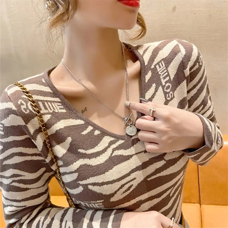 Džemperis Sieviešu Pulovers Pavasara Rudens Leoparda apdrukas burti Bruņurupucis ar garām piedurknēm apakšu krekls Brīvs, vienkāršs sieviešu apģērbs