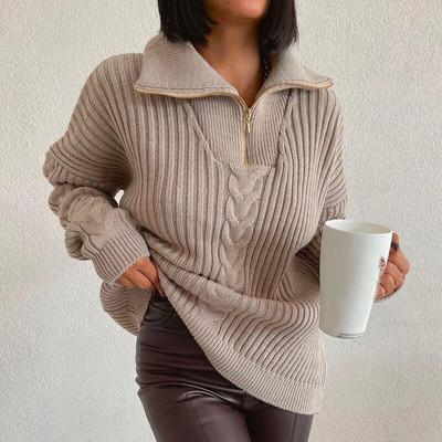 Γυναικείο πουλόβερ με φερμουάρ Vintage πλεκτό Oversize Loose Jumper με γιακά Μπλε Πουλόβερ Χειμερινά Πόλο Ζεστά πουλόβερ για γυναίκες 2022