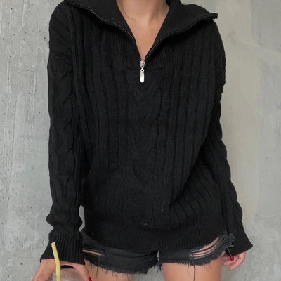 Γυναικείο πουλόβερ με φερμουάρ Vintage πλεκτό Oversize Loose Jumper με γιακά Μπλε Πουλόβερ Χειμερινά Πόλο Ζεστά πουλόβερ για γυναίκες 2022