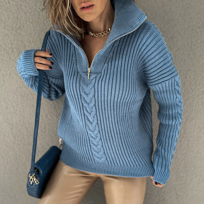Γυναικείο πουλόβερ με φερμουάρ Vintage πλεκτό Oversize Loose Jumper με γιακά Μπλε Πουλόβερ Χειμερινά Πόλο Ζεστά πουλόβερ για γυναίκες 2022