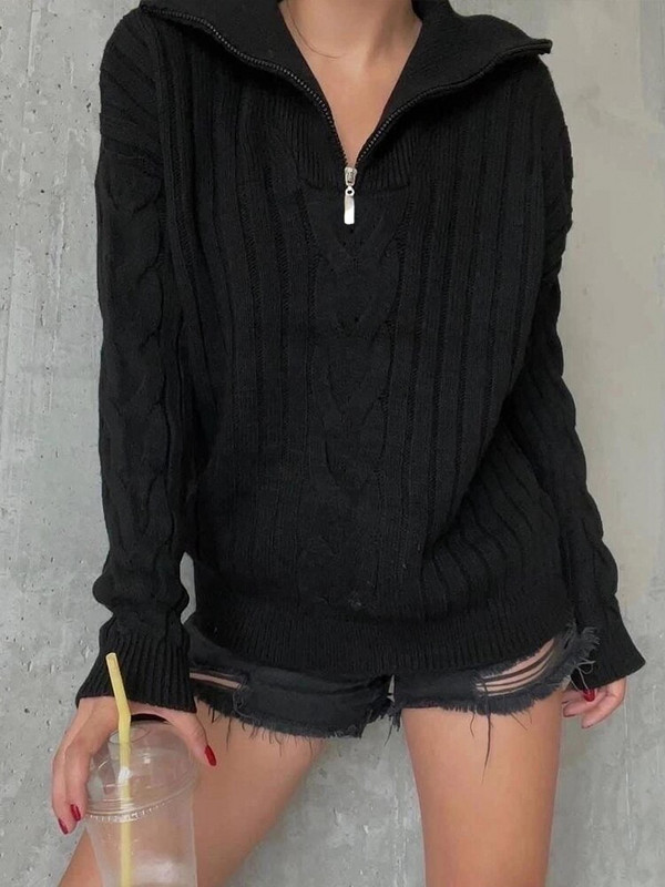 Γυναικείο πουλόβερ με φερμουάρ Vintage πλεκτό Oversize Loose Jumper με γιακά Μπλε Πουλόβερ Χειμερινά Πόλο Ζεστά πουλόβερ για γυναίκες 2022