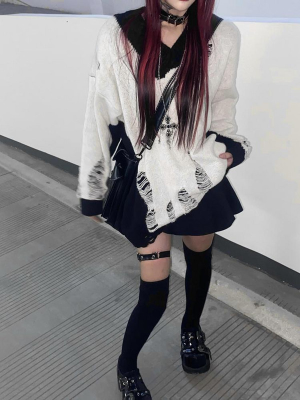 Tawaaiw γοτθικό κούφιο γυναικείο πουλόβερ με μακρυμάνικο κορεατικό πλεκτό πουλόβερ συνονθύλευμα γυναικεία πουλόβερ φθινοπωρινά χειμωνιάτικα μπλουζάκια