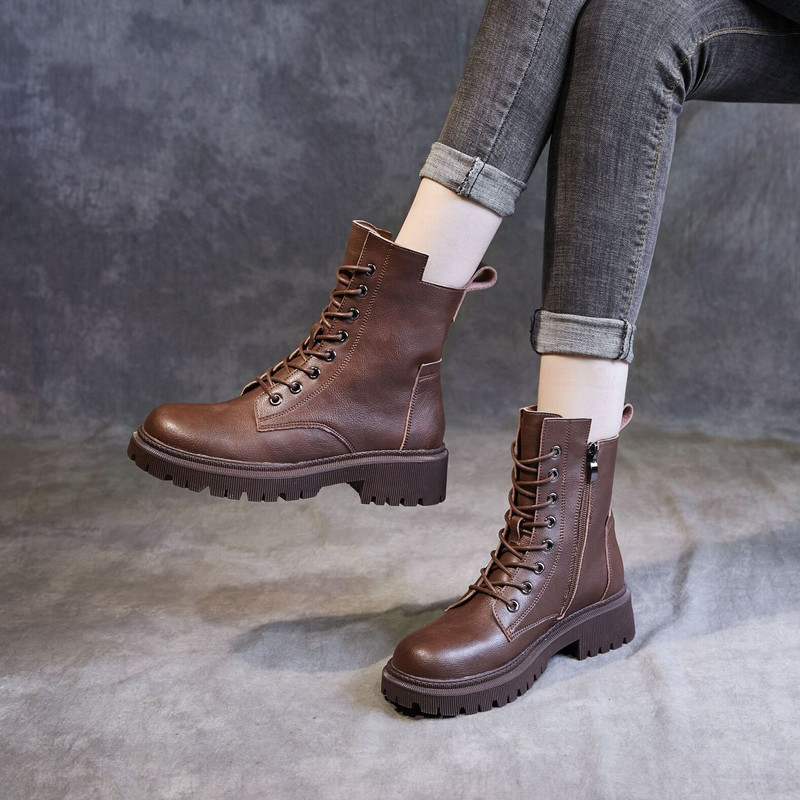 Γυναικείες μπότες HOPUS Υψηλής ποιότητας ρετρό δερμάτινα παπούτσια βρετανικού στυλ για γυναίκες 2022 Νέες κοντές μπότες Πλατφόρμα με τετράγωνο τακούνι