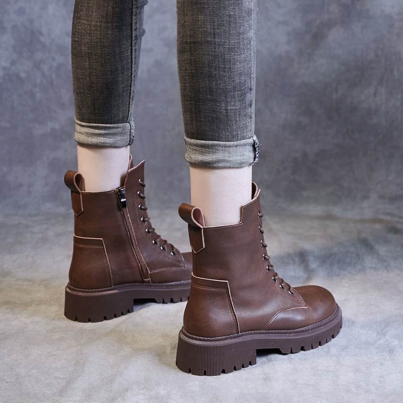 Γυναικείες μπότες HOPUS Υψηλής ποιότητας ρετρό δερμάτινα παπούτσια βρετανικού στυλ για γυναίκες 2022 Νέες κοντές μπότες Πλατφόρμα με τετράγωνο τακούνι