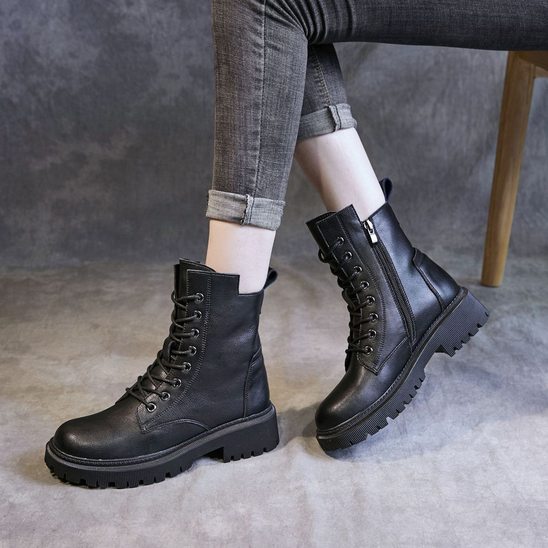 Γυναικείες μπότες HOPUS Υψηλής ποιότητας ρετρό δερμάτινα παπούτσια βρετανικού στυλ για γυναίκες 2022 Νέες κοντές μπότες Πλατφόρμα με τετράγωνο τακούνι