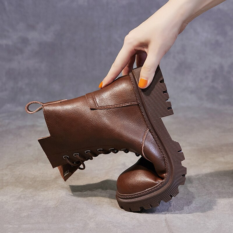 Γυναικείες μπότες HOPUS Υψηλής ποιότητας ρετρό δερμάτινα παπούτσια βρετανικού στυλ για γυναίκες 2022 Νέες κοντές μπότες Πλατφόρμα με τετράγωνο τακούνι