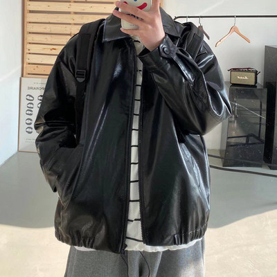 Pu ādas jaka Vīriešu brūna retro motociklistu jaka rudens korejiešu modes cepta iela vaļīga rāvējslēdzēja jaka Bomber jaka Learher mēteļi