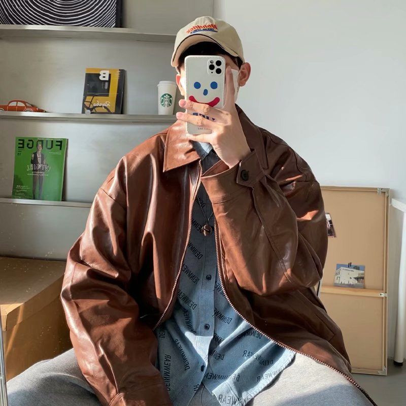 Pu ādas jaka Vīriešu brūna retro motociklistu jaka rudens korejiešu modes cepta iela vaļīga rāvējslēdzēja jaka Bomber jaka Learher mēteļi