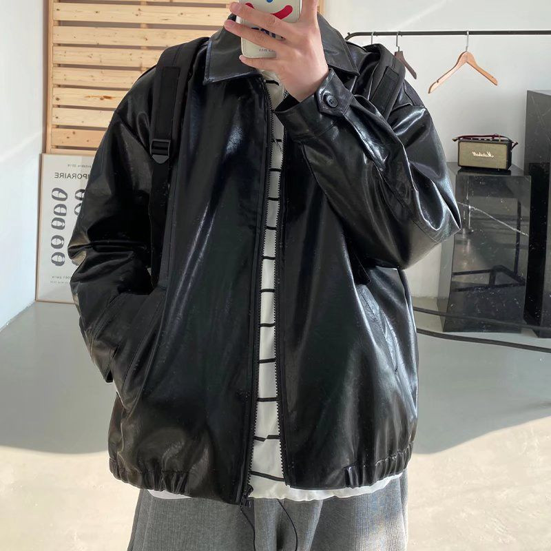 Pu ādas jaka Vīriešu brūna retro motociklistu jaka rudens korejiešu modes cepta iela vaļīga rāvējslēdzēja jaka Bomber jaka Learher mēteļi