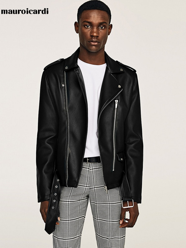 Mauroicardi Ανοιξιάτικο κοντό μαύρο δερμάτινο μπουφάν μοτοσικλέτας για ανδρικό στυλ Ζώνη με μακρυμάνικο ανοιχτόχρωμο μαλακό δερμάτινο μπουφάν