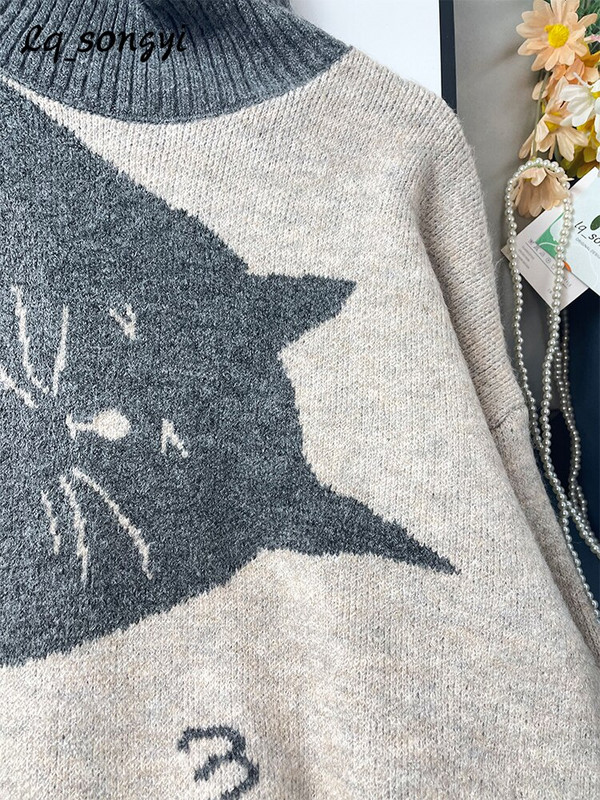 Lielizmēra kaķu džemperis, žakarda trikotāžas džemperi, 2022. gada rudens ziemas Kawaii džemperis ar apkakli Lq_songyi LQ9