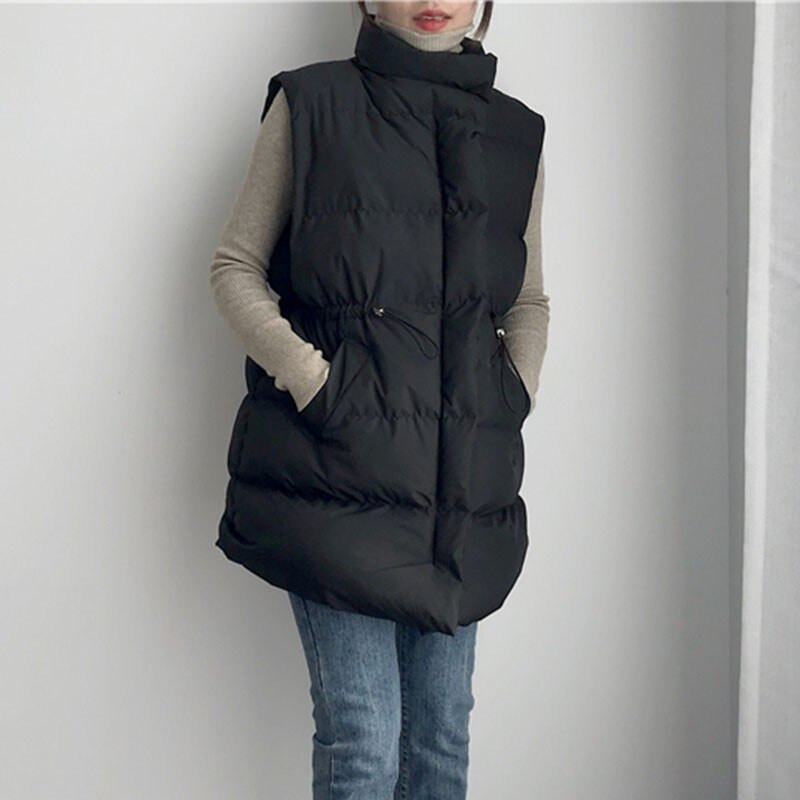 Lusumily ziemas rudens bieza sieviešu veste bez piedurknēm, stāva apkakle, silta kokvilnas vestes, aukliņas, ikdienas dūnu jaka sieviešu mēteļi