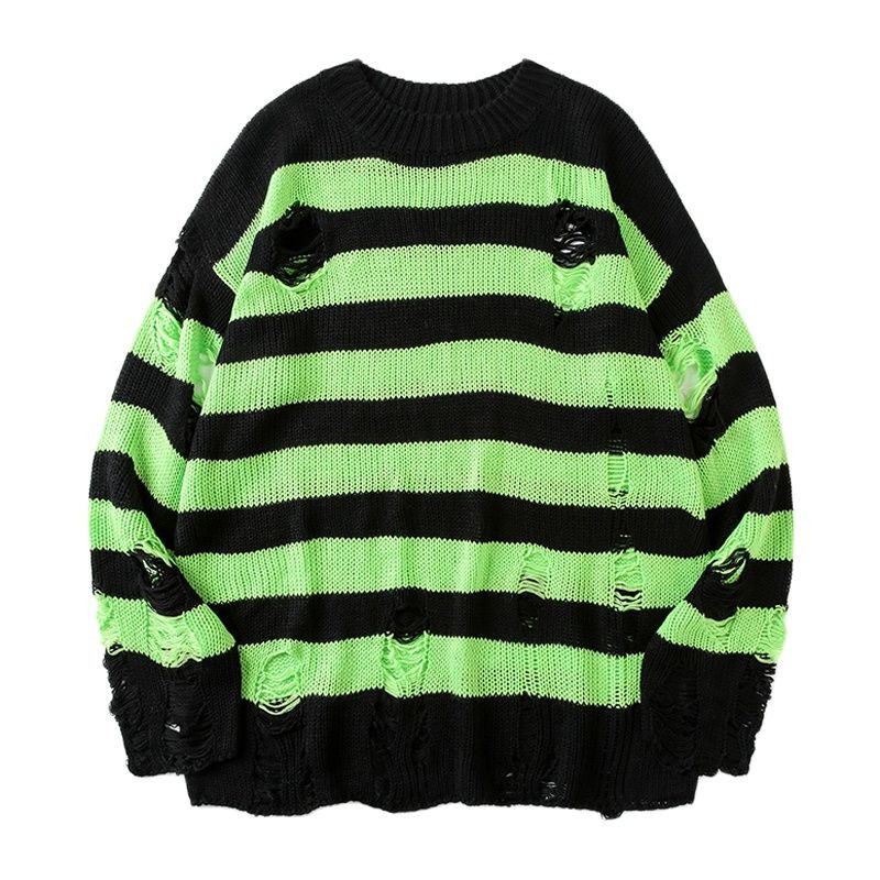 Sieviešu gotikas džemperis Unisex trikotāžas džemperi Punk Hollow Out Hole Broken Džemperis Sieviešu Lielizmēra svītraini džemperi Brīvi topi