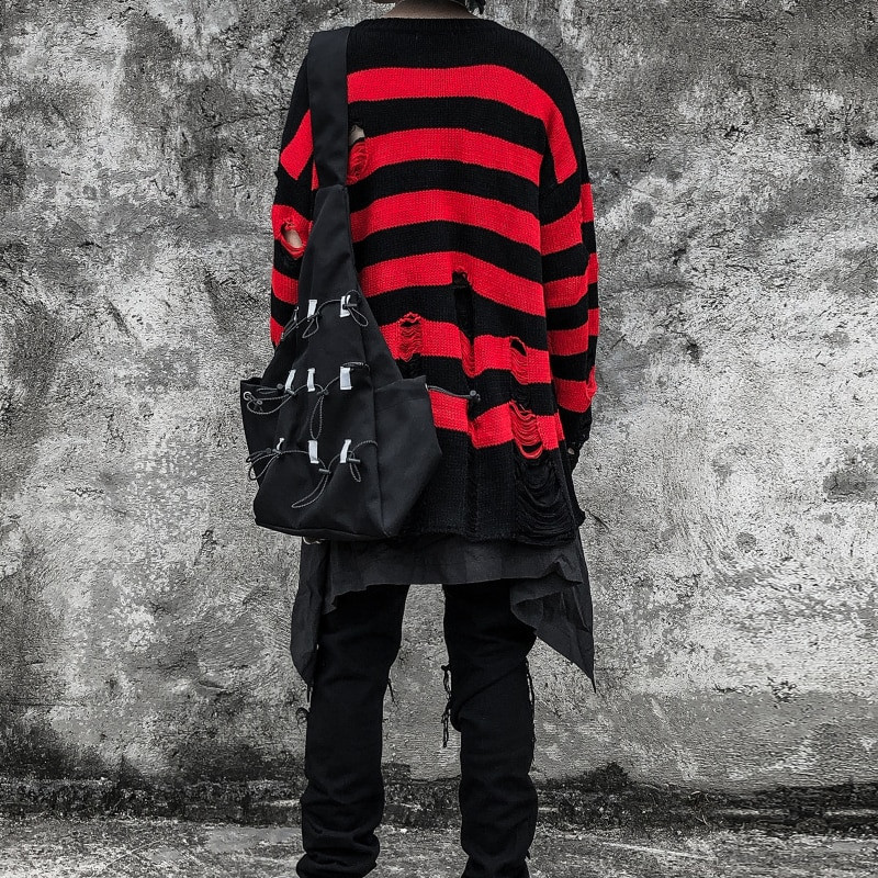 Sieviešu gotikas džemperis Unisex trikotāžas džemperi Punk Hollow Out Hole Broken Džemperis Sieviešu Lielizmēra svītraini džemperi Brīvi topi