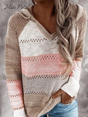 MISS PETAL Ριγέ ανοιχτό πλεκτό πουλόβερ με κουκούλα για γυναικεία μακρυμάνικα πουλόβερ 2022 Άνοιξη φθινοπωρινά μπλουζάκια