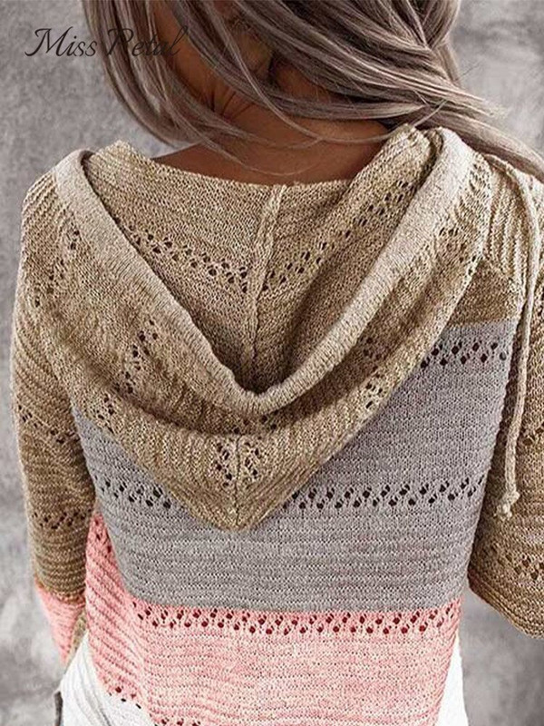 MISS PETAL Ριγέ ανοιχτό πλεκτό πουλόβερ με κουκούλα για γυναικεία μακρυμάνικα πουλόβερ 2022 Άνοιξη φθινοπωρινά μπλουζάκια
