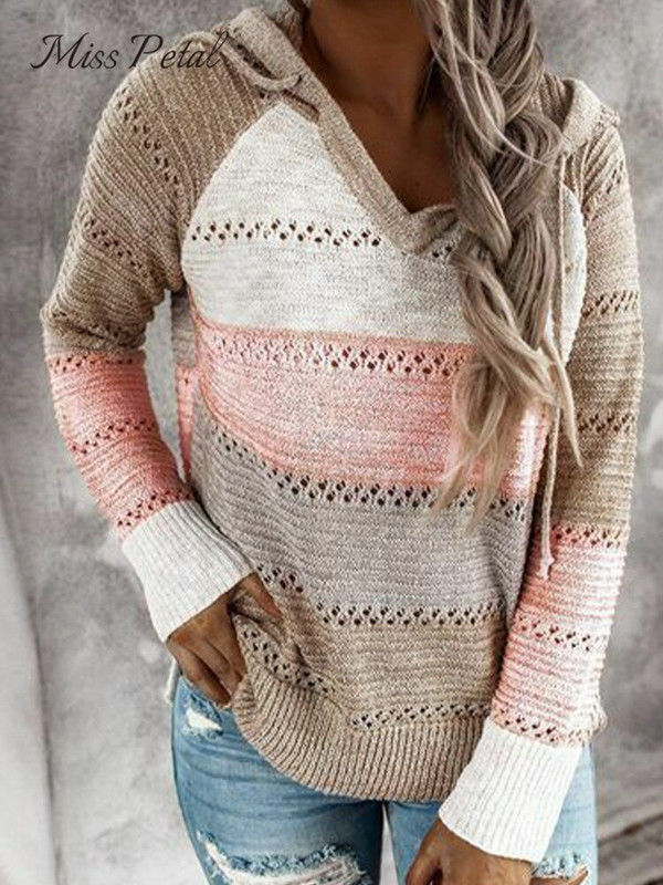 MISS PETAL Ριγέ ανοιχτό πλεκτό πουλόβερ με κουκούλα για γυναικεία μακρυμάνικα πουλόβερ 2022 Άνοιξη φθινοπωρινά μπλουζάκια