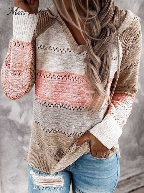 MISS PETAL Ριγέ ανοιχτό πλεκτό πουλόβερ με κουκούλα για γυναικεία μακρυμάνικα πουλόβερ 2022 Άνοιξη φθινοπωρινά μπλουζάκια