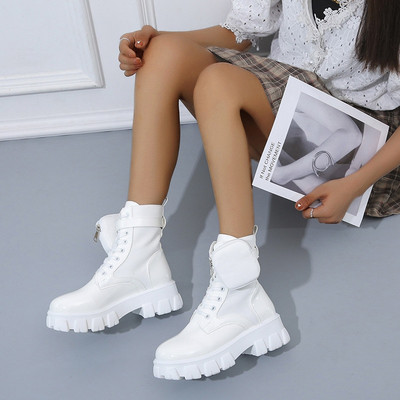 Melna punk potīte ar biezu zoli motociklu puszābaki Sieviešu mežģīnēm pavasarīgi bieza papēža jostas sprādzes kabatas dizainera kupli apavi