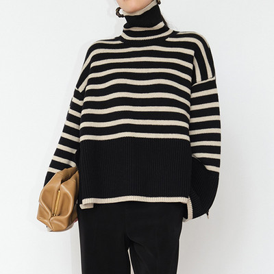 Ριγέ σπαστό γυναικείο πουλόβερ με μακρύ μανίκι Πλεκτό πουλόβερ μεγάλου μεγέθους Φθινοπωρινό χειμωνιάτικο γυναικείο μπλουζάκι πουλόβερ