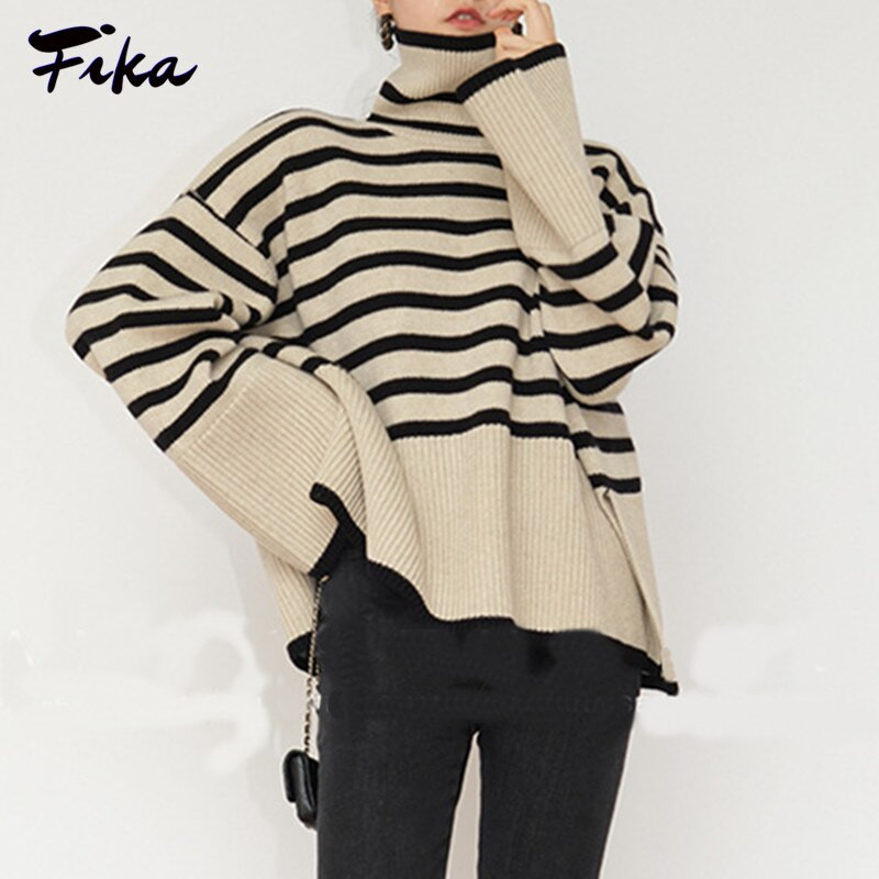 Ριγέ σπαστό γυναικείο πουλόβερ με μακρύ μανίκι Πλεκτό πουλόβερ μεγάλου μεγέθους Φθινοπωρινό χειμωνιάτικο γυναικείο μπλουζάκι πουλόβερ