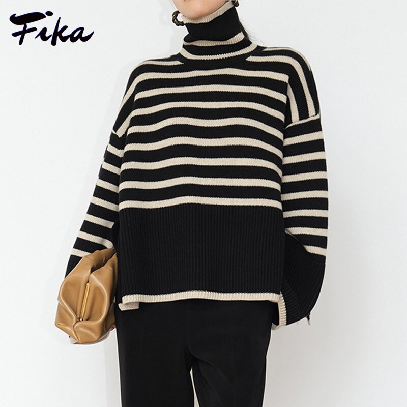 Ριγέ σπαστό γυναικείο πουλόβερ με μακρύ μανίκι Πλεκτό πουλόβερ μεγάλου μεγέθους Φθινοπωρινό χειμωνιάτικο γυναικείο μπλουζάκι πουλόβερ