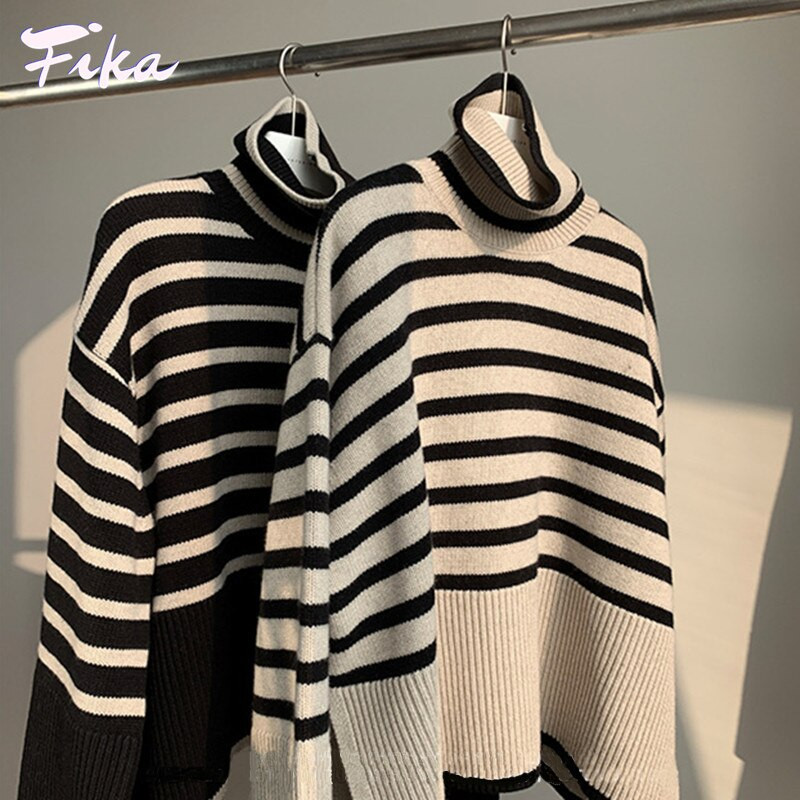 Ριγέ σπαστό γυναικείο πουλόβερ με μακρύ μανίκι Πλεκτό πουλόβερ μεγάλου μεγέθους Φθινοπωρινό χειμωνιάτικο γυναικείο μπλουζάκι πουλόβερ