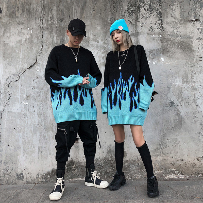 2023. gada jauns džemperis sieviešu hip-hop stila flame žakarda sieviešu džemperis trafs pāru pulovers trikotāžas tops brīvs vīriešu džemperis