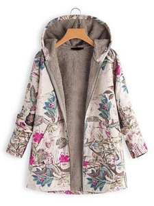 2021 ново дамско зимно топло яке с качулка с цветя и щампа с цветя, ретро големи палта, зимно подплатено яке, дамски паркове