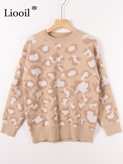 Πουλόβερ με ζεστό πλεκτό λεοπάρ Γυναικείο πουλόβερ Vintage πουλόβερ με μακρυμάνικο πλεκτό πουλόβερ φθινόπωρο, χειμωνιάτικο φαρδύ πουλόβερ