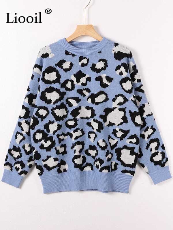 Πουλόβερ με ζεστό πλεκτό λεοπάρ Γυναικείο πουλόβερ Vintage πουλόβερ με μακρυμάνικο πλεκτό πουλόβερ φθινόπωρο, χειμωνιάτικο φαρδύ πουλόβερ