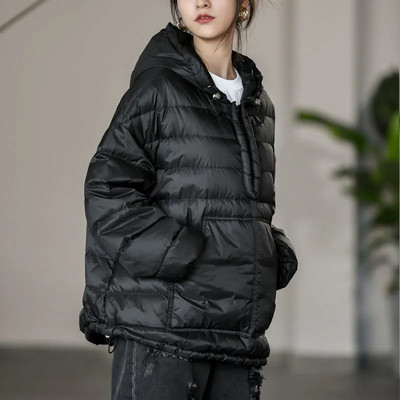 Φθινοπωρινό γυναικείο μπουφάν με κουκούλα από βαμβάκι με τσέπες Συμπαγές φαρδιά ελαφριά χειμερινά μπουφάν με κουκούλα για γυναίκες casual εξωτερικά ενδύματα