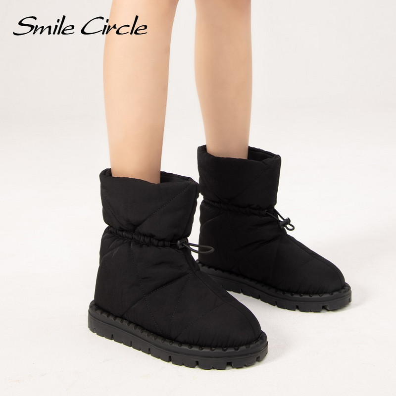 Γυναικείες μπότες Smile Circle Χειμερινές μπότες χιονιού Nylon καπιτονέ βαμβακερό γεμιστικό Ζεστή κοντή βελούδινη επένδυση Χειμερινά παπούτσια για γυναίκες