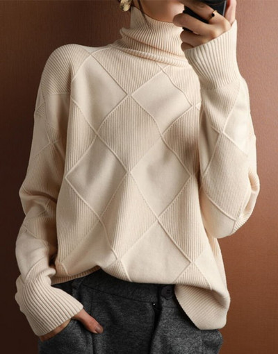 Džemperis ar bruņurupuču apkakli sieviešu rudens ziemas jauns dimanta formas vienkrāsains biezs džemperis brīvs, slinks vējš trikotāžas krekls ar apakšu