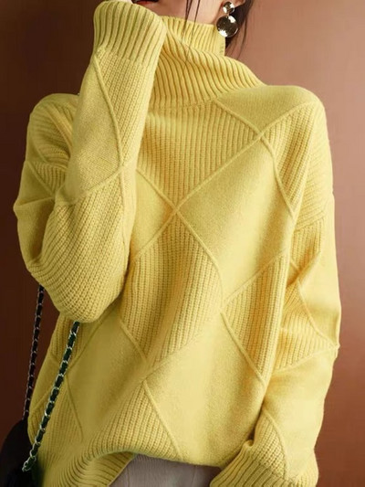 Džemperis ar bruņurupuču apkakli sieviešu rudens ziemas jauns dimanta formas vienkrāsains biezs džemperis brīvs, slinks vējš trikotāžas krekls ar apakšu