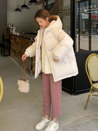 Sieviešu īsā jaka Ziemas bieza kapuce, kokvilnas polsterēti mēteļi, sieviešu korejiešu, vaļīgi puferi parki Sieviešu liela izmēra virsdrēbes