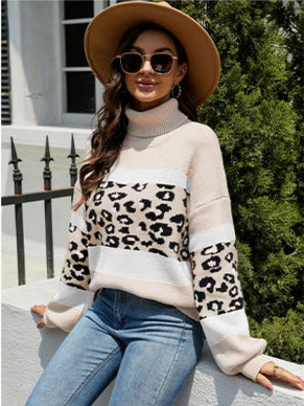 Modes topi 2022. gada sieviešu rudens un ziemas jauni sieviešu džemperi ar apkakli, trikotāžas krāsas leoparda džemperis Biroja sieviešu džemperi