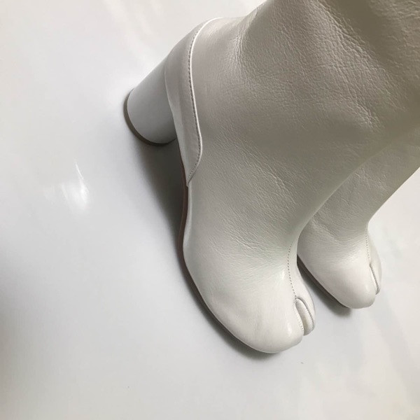 Tabi sieviešu zābaki ar šķeltu purngalu, krēmkrāsas ādas sprādze, liela bloka papēži zābaciņi Botas Feminina kurpes sievietei