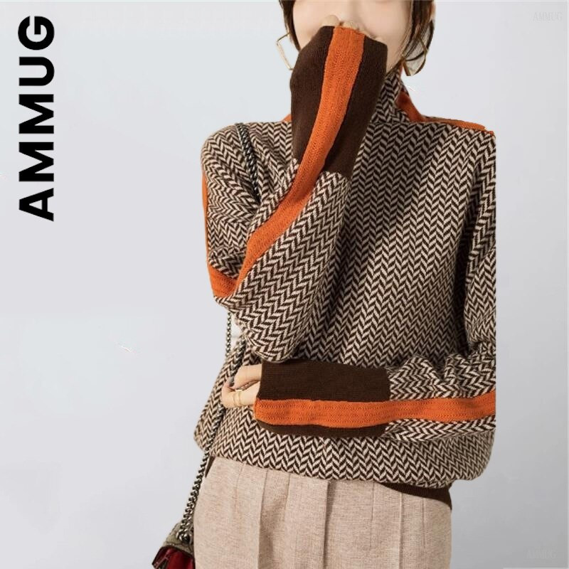 Ammug trikotāžas sieviešu džemperis ar bruņurupuču apkakli Modes šiki lēti džemperi Sieviešu silti sieviešu džemperi Eleganti, stilīgi sieviešu topi