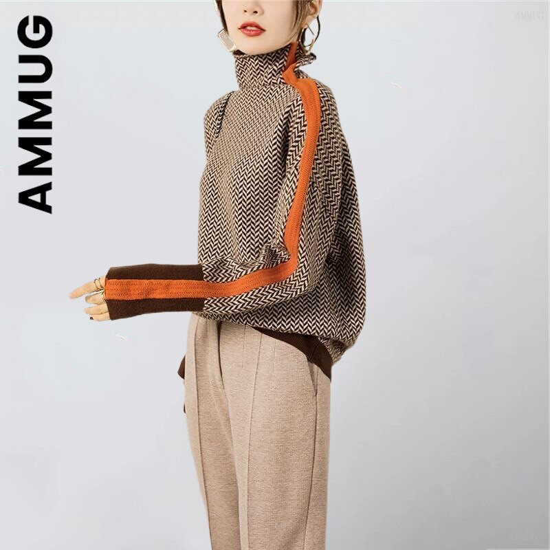 Ammug trikotāžas sieviešu džemperis ar bruņurupuču apkakli Modes šiki lēti džemperi Sieviešu silti sieviešu džemperi Eleganti, stilīgi sieviešu topi