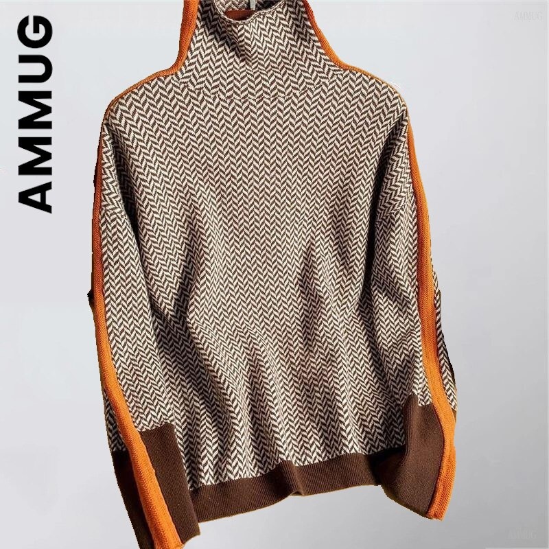Ammug trikotāžas sieviešu džemperis ar bruņurupuču apkakli Modes šiki lēti džemperi Sieviešu silti sieviešu džemperi Eleganti, stilīgi sieviešu topi