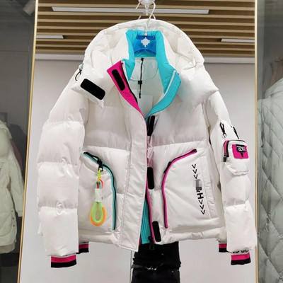 Sister Fara Γυναικείο τζάκετ πουπουλένιο γιακά με λευκή πάπια γυαλιστερό, χαλαρό μπουφάν με κουκούλα Parka Χειμερινό Γυναικείο παλτό ζεστό