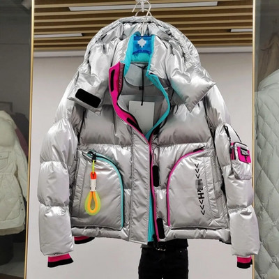 Sister Fara Γυναικείο τζάκετ πουπουλένιο γιακά με λευκή πάπια γυαλιστερό, χαλαρό μπουφάν με κουκούλα Parka Χειμερινό Γυναικείο παλτό ζεστό