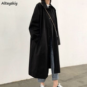 Melns Trench Sieviešu garais mētelis Modes Vējjaka Vispārpiemērots pavasara Virsdrēbes Vintage Streetwear Sieviešu apģērbi Harajuku Korean Ins