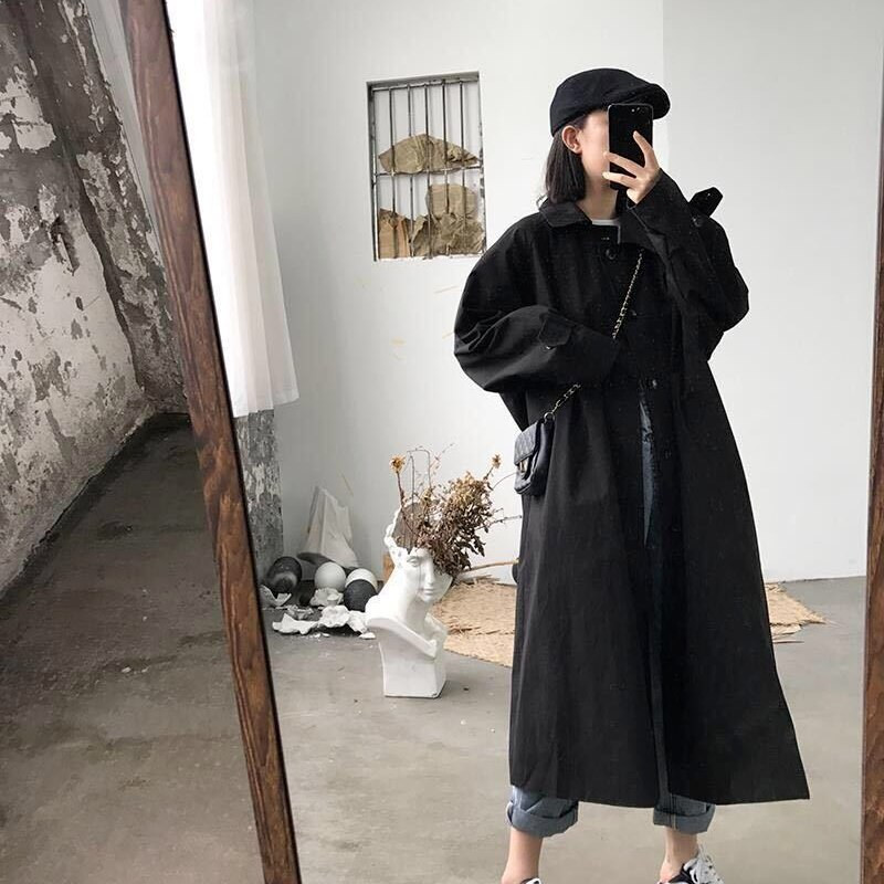 Melns Trench Sieviešu garais mētelis Modes Vējjaka Vispārpiemērots pavasara Virsdrēbes Vintage Streetwear Sieviešu apģērbi Harajuku Korean Ins