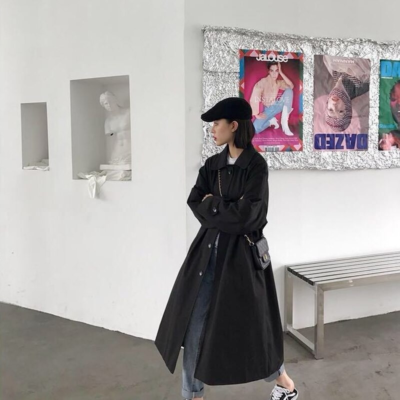 Melns Trench Sieviešu garais mētelis Modes Vējjaka Vispārpiemērots pavasara Virsdrēbes Vintage Streetwear Sieviešu apģērbi Harajuku Korean Ins
