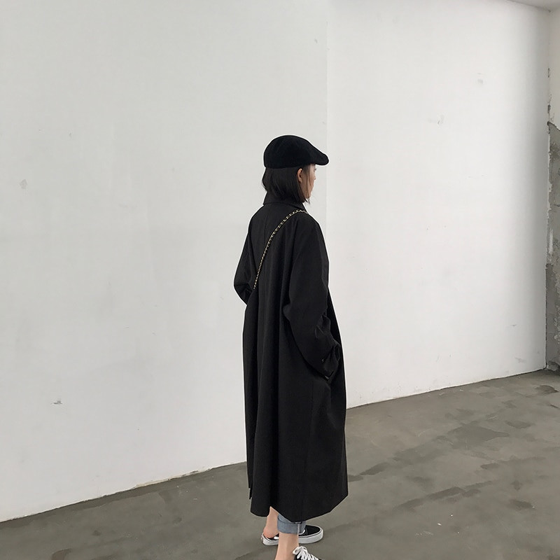 Melns Trench Sieviešu garais mētelis Modes Vējjaka Vispārpiemērots pavasara Virsdrēbes Vintage Streetwear Sieviešu apģērbi Harajuku Korean Ins