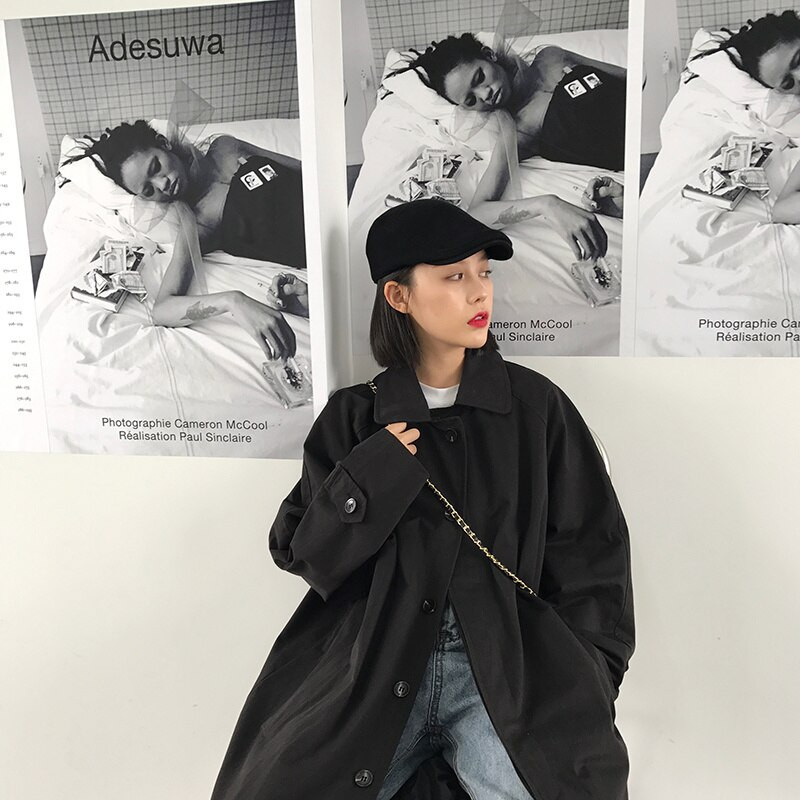 Melns Trench Sieviešu garais mētelis Modes Vējjaka Vispārpiemērots pavasara Virsdrēbes Vintage Streetwear Sieviešu apģērbi Harajuku Korean Ins