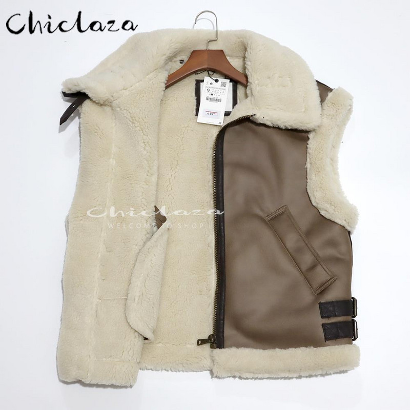 CHICLAZA 2022 Χειμώνας Γυναικείο Χοντρό ζεστό φλις ψεύτικο δερμάτινο μπουφάν Splice αμάνικο γιλέκο Γυναικείο φανελάκι ποδηλάτου πανωφόρι